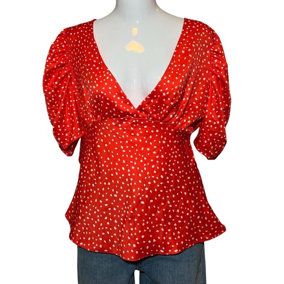 asos Women’s Top Blouse Size 6 Red V Neck Short Puff Sleeves Zipper - Picture 3 of 11